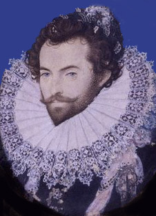 A head-and-shoulders portrait of Sir Walter Raleigh. He is wearing an extremely large ruff, and has his hair done up in curls. Underneath the ruff, he is wearing a black shirt.
