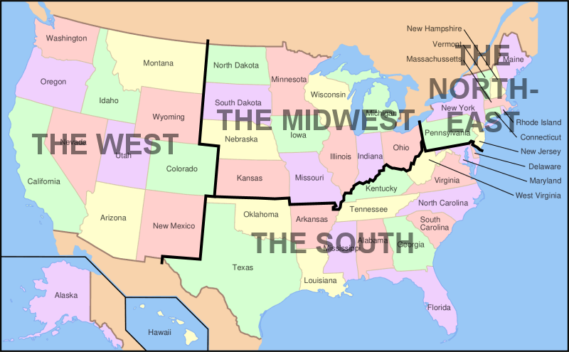 ملف:Map of USA showing regions.png