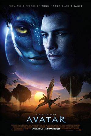 On the upper half of poster are the faces of a man and a female blue cat-like alien with yellow eyes, with a giant planet in the background and the text "From the director of Terminator 2 and Titanic" atop the image. Below, is a four-winged dragon-like animal flying across a landscape with floating islands during sunset, helicopter-like aircraft hang ominously in the distant background. The title "James Cameron's Avatar", film credits and the release date at the bottom.