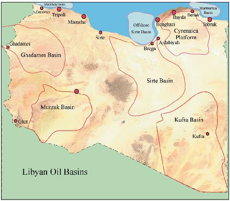 خريطة أحواض النفط في ليبيا موضح عليها موقع حوض غدامس.