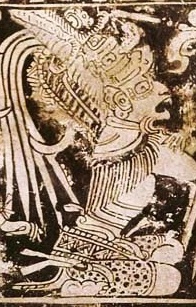 Vase illustration in which the god Bolon Yukte is seen in profile, kneeling with his head back and his mouth open. He wears an elaborate feather headdress.