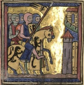 13th-century illustration of Raymond and Bohemond on horseback with other men