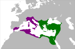 الامبراطورية البيزنطية في أقصى اتساع لها ح. 550. المناطق البنفسجية تم اعادة اخضاعها في عهد جستنيان الأكبر