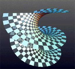 Continuous animation showing a right-handed helicoid deforming into a catenoid, a left-handed helicoid, and back again