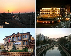 أعلى اليسار:Eskişehir Central railway station، أعلى اليمين: بلدية طپى‌باشي، أسفل اليسار: Museum of Modern Glass Art، أسفل اليمين: Porsuk River.