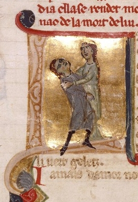 A lady holding a man in her arms