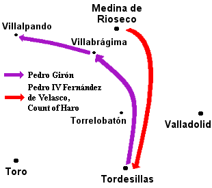 Map of army maneuvers. The comunero army heads north to Villabrágima, then west, leaving the way open for the royal army to march south from Medina de Rioseco to Tordesillas.