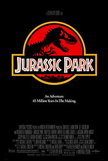 A black poster featuring a red shield with a stylized Tyrannosaurus skeleton under a plaque reading "Jurassic Park". Below is the tagline "An Adventure 65 Million Years In The Making".