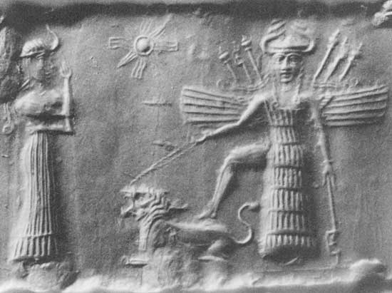 ملف:Ancient Akkadian Cylindrical Seal Depicting Inanna and Ninshubur.jpg
