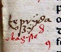 ملف:The earliest known Lithuanian glosses (~1520–1530), words (tepridaužia, ubagystė).jpg