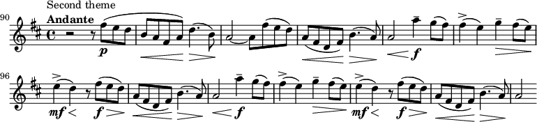 
    \relative c'' {
        \set Score.tempoHideNote = ##t \tempo 4 = 69
        \set Staff.midiInstrument = #"violin"
        \set Score.currentBarNumber = #90
        \key b \minor
        \time 4/4
        \bar ""
        r2^\markup {  \translate #'(-4 . 0)
              \column {
                \line { Second theme }
                \line { \bold { Andante } }
            }
        }
        r8 fis(\p e d \override DynamicLineSpanner.staff-padding = #2.5
        b(\< a fis a)\! d4.(\> b8)\!
        a2~ a8 fis'( e d) \override DynamicLineSpanner.staff-padding = #3
        a(\< fis d fis)\! b4.(\> a8)\! \override DynamicLineSpanner.staff-padding = #1
        a2\< a'4--\f g8( fis)
        fis4(-> e) g--\> fis8( e)\!
        e4(->\mf\< d)\! r8 fis(\f\> e d)\! \override DynamicLineSpanner.staff-padding = #2.5
        a(\< fis d fis)\! b4.(\> a8)\! \override DynamicLineSpanner.staff-padding = #1
        a2\< a'4--\f g8( fis)
        fis4(-> e) g--\> fis8( e)\!
        e4(->\mf\< d)\! r8 fis(\f\> e d)\! \override DynamicLineSpanner.staff-padding = #3
        a(\< fis d fis)\! b4.(\> a8)\!
        a2
}
