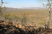 A broad expanse of dry savanna with hills in the background. The foreground contains large rocks on the ground with two trees flanking the sides of the picture.