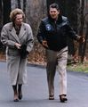 British Prime Minister Margaret Thatcher and President Ronald Reagan walk at Camp David in 1986.