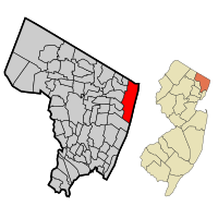 Map highlighting Alpine's location within Bergen County. Inset: Bergen County's location within New Jersey