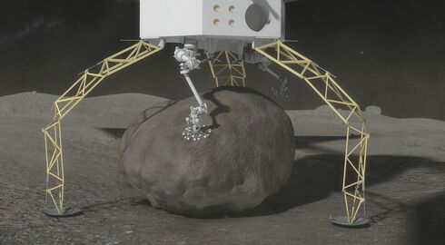 Asteroid grippers on the end of the robotic arms are used to grasp and secure a 6 m boulder from a large asteroid.