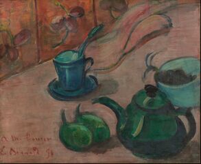 Émile Bernard – Still life with green teapot, cup and fruit, 1890