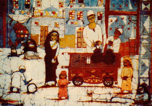 إحدى لوحات نازك حمدي تصور حياً شعبيا