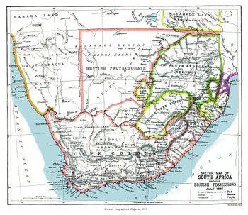 خريطة من عام 1885 تبين محمية بتشوانالاند قبل خلق مستعمرة التاج البريطاني، بتشوانالاند، و معاهدة هليگولاند-زنزبار.