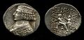 Coin of فراطس الرابع (38 ق.م.). المكتوب: Benefactor Arsaces, Civilized friend of Greeks.