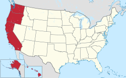 موقع  the West Coast  (red) in the United States  (tan) as defined by the Census Bureau.