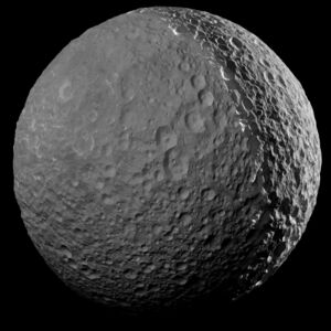 One of Cassini's final close approach to Mimas, imaged from a distance of 41,230 kilometers (25,620 miles) on January 30, 2017. Sunlight reflecting from Saturn is causing the moon to shine on the left.[41]