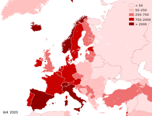 Red COVID-19 Outbreak Cases per capita in Europe.svg