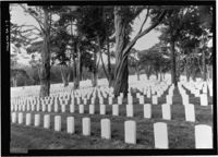 Black and white photograph of gravestones on a wooded hillside.