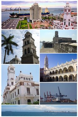 أعلى، من اليسار لليمين: Cityscape with regional PEMEX headquarters, Cathedral of Veracruz, San Juan de Ulúa naval complex, Carranza Lighthouse, City Hall, City Port and skyline