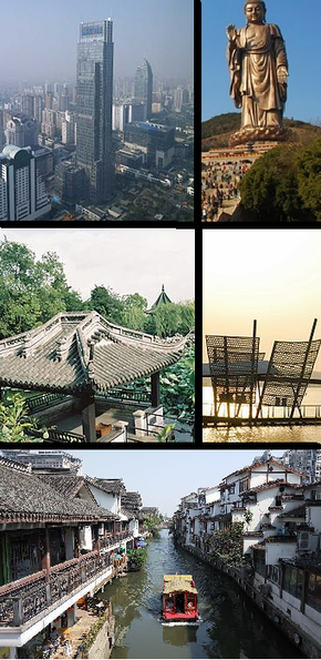 مع عقارب الساعة من أعلى: قصر يون‌فو، بوذا الكبير في لينگ شان، بحيرة لي‌هو، قناة المدينة، حدائق لي‌يوان