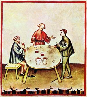 النبيذ الأحمر ومسامرة صاحب الحانة. رسم توضيحي من كتاب تقويم الصحة لابن بطلان (بغداد، القرن الحادي عشر) والذي نُشر في إيطاليا باسم Tacuinum Sanitatis في القرن الرابع عشر