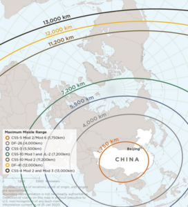 Chinese Nuclear Ballistic Missile Strike Ranges as of 2022