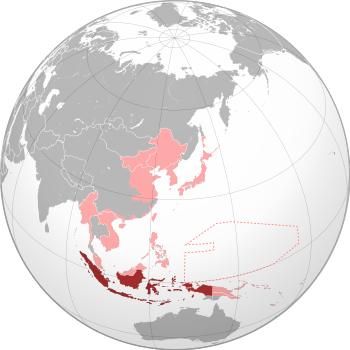 The former Dutch East Indies (dark red) within the Empire of Japan (light red) at its furthest extent