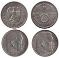 5-Reichsmark coins before (1936) and after adding the Nazi swastika (1938)