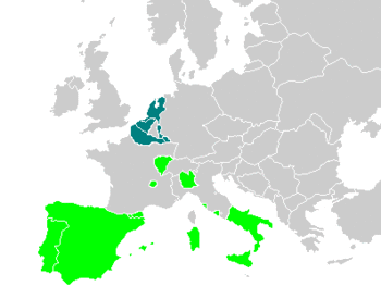 لأراضي الاسبانية في اوروبا في 1580. اللون الأخضر يبين الأراضي الواطئة.