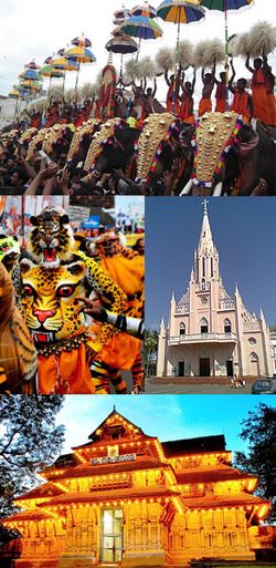 Clockwise from top: Thrissur Pooram, Our Lady of Lourdes Syro-Malabar Catholic Metropolitan Cathedral, Vadakkunnathan Temple, Puli Kali