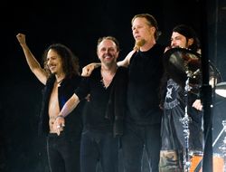 Metallica at The O2 Arena in 2008. From left to right: Kirk Hammett, Lars Ulrich, James Hetfield and Robert Trujillo.