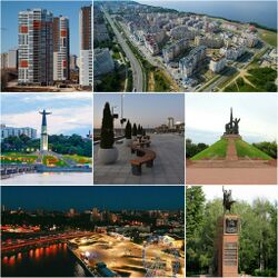 Left to right, top to bottom: A View of Red Square from Cheboksary Bay on Chuvash Republic Day; Hospital Square, Universitetskaya Street; Cheboksary Airport, Chapayev Monument on Chapayev Square; Chuvash State Agricultural Academy