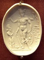 Vishnu Nicolo Seal: Kushano-Sasanian or Kidarite prince worshipping Vishnu or Vāsudeva, with Bactrian inscription. Found in Khyber Pakhtunkhwa, Pakistan. 4th century CE. British Museum.[23][24][25]