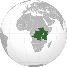 خريطة إسقاطية للعالم، موضح عليها دول اتحاد شرق أفريقيا المقترح (بالأخضر).
