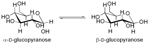 The α- and β-anomers of D-glucopyranose.