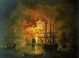 The destruction of the Ottoman fleet in the Battle of Chesma, 1770.