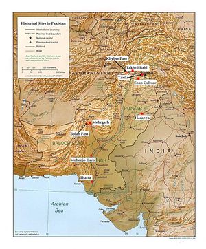 A map outlining historical sites situated in modern day Pakistan