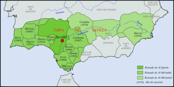 مملكة إشبيلية في أقصى اتساعها بالأخضر، ح. 1080. (1078) سنة الضم.