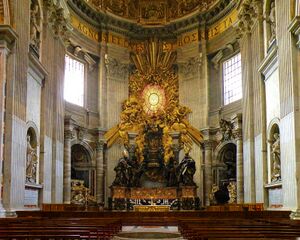 Pews before the ornate, gold-leafed throne of St. Peter