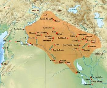 خريطة تقريبية للامبراطورية الآشورية الوسطى في أقصى اتساعها في القرن 13 ق.م.