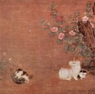 A square painting depicting four cats, two in the bottom left tussling and two on the bottom right not doing anything in particular, in a garden with small flowering bushes.