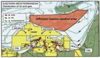 توزيع حقول النفط والغاز المكتشفة في شرق المتوسط. تهتم اليونان بحقلين اكتشفتهما شل، نظراً لقربهما من حوض هيرودوت اليوناني والقبرصي. 2007.