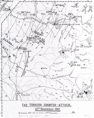 Map shows the positions of the Australian Mounted Division on 12 November and Ottoman divisions' attacks.