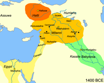 مملكة ميتاني في أقصى اتساعها، بعهد Parshatatar ح. القرن 15 ق.م.