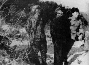 Three Korean men standing in a snowy field